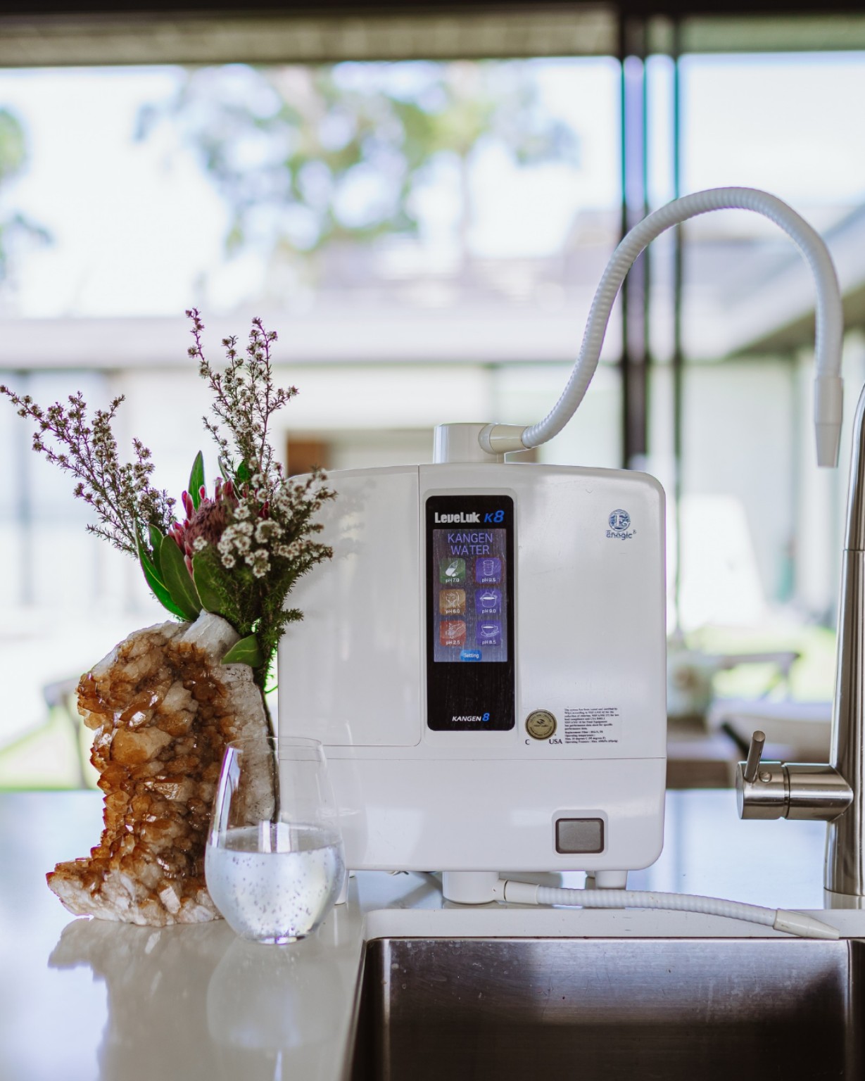 Kangen K8 water ioniser beside a kitchen sink